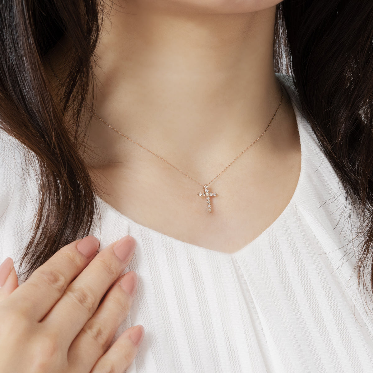 ダイヤモンドネックレス 11石 0.3ct クロス K18PG ピンクゴールド
