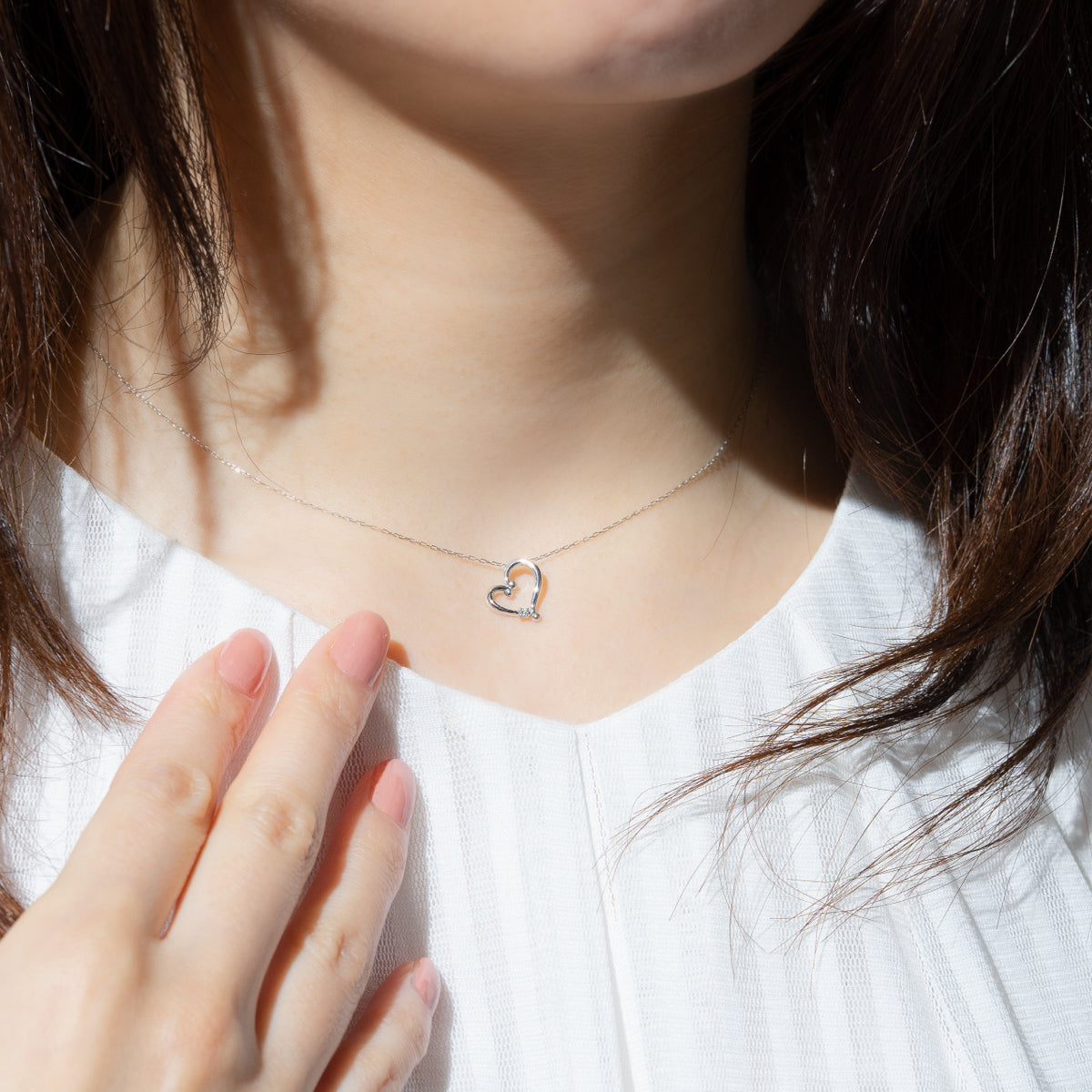 ダイヤモンドネックレス 1粒 0.02ct オープンハート K18WG ホワイトゴールド