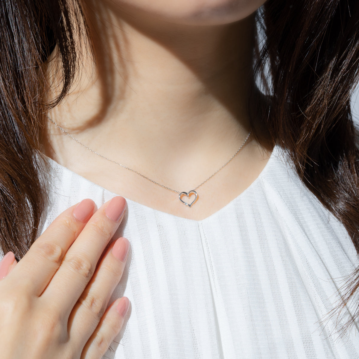 ダイヤモンドネックレス 1粒 0.02ct オープンハート K18WG ホワイトゴールド
