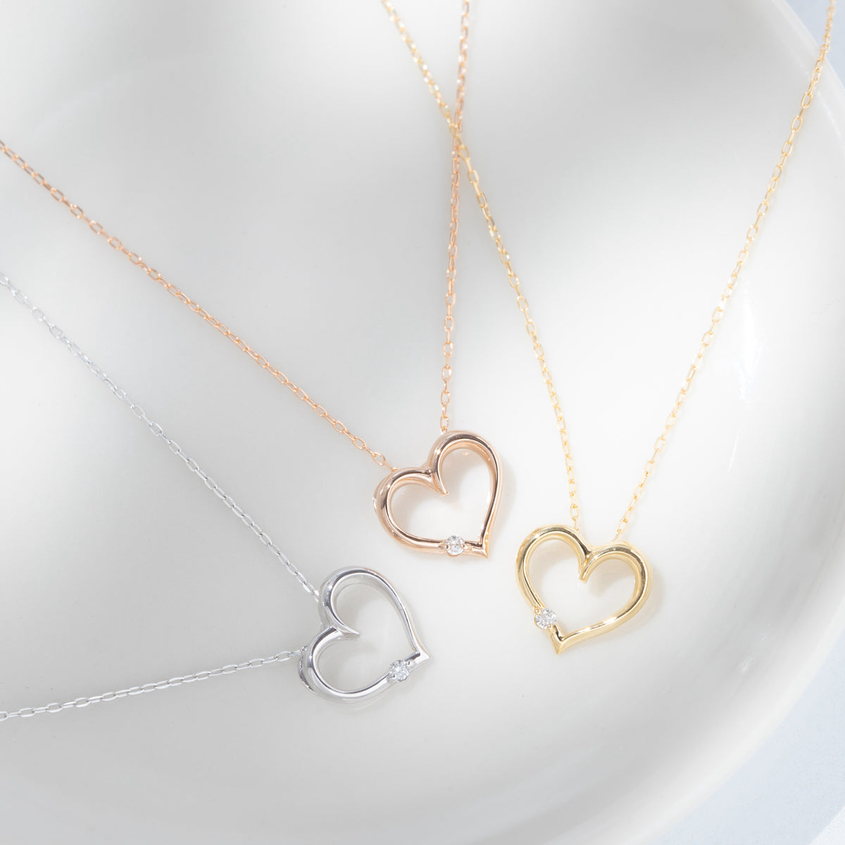 ダイヤモンドネックレス 1粒 0.02ct オープンハート K18WG ホワイトゴールド