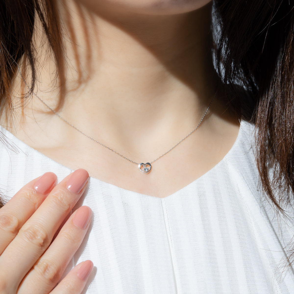 ダイヤモンドネックレス 1粒 0.07ct オープンハート K18WG ホワイトゴールド